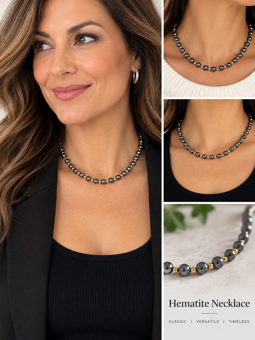 Hematite Beaded Necklace with Gold Accent - Women's Jewelry